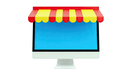 Computer screen stylized as a storefront with red and yellow awning
