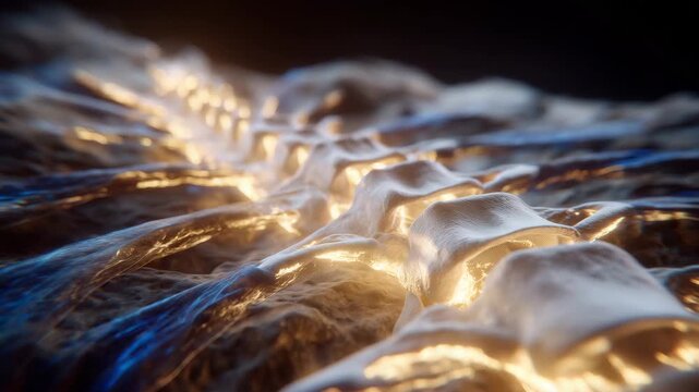 Macro view of human vertebrae, spinal curvature visible, cartilage and discs detailed, soft lighting emphasizing depth and anatomical precision, realistic textures of bone surfaces