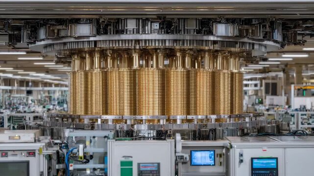 Macro view of high-voltage superconductor, shiny golden coil with intricate winding, steel framework and electrical connectors visible, ambient factory lighting reflecting off meta