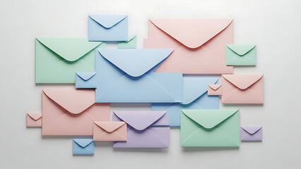 A vibrant whisk of assorted envelopes creating a cheerful communication mosaic on a clean surface