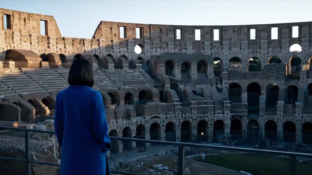 Woman observes colosseum interior at sunset. Tourist views ancient ruins inside colosseum. Woman explores rome landmark. Colosseum visit during golden hour. Tourist at ancient amphitheater ruins.