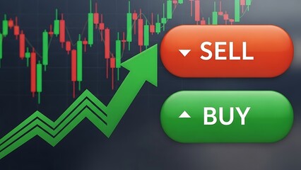 A green arrow pointing upwards on a stock market graph with sell and buy buttons on the side