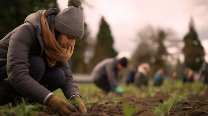 Faceless community members engage gardening activities local urban farm sunny afternoon late spring winter season shared cultivation neighborhood farming