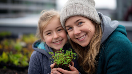 Faceless mother and daughter on green rooftop garden sustainable urban agriculture winter season commitment sustainable living nurturing plant life eco conscious lifestyle