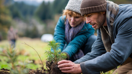 Faceless volunteers engage tree planting ceremony environmental stewardship volunteerism winter season ecological initiative community agriculture green project