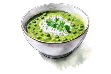 Green Pea Soup with White Rice Watercolor Illustration in a Bowl Isolated on White Background