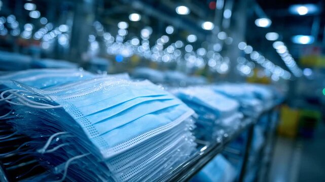 Macro view of respirator storage system, rows of properly placed masks, polished metal racks reflecting light, plant equipment subtly blurred behind for industrial context