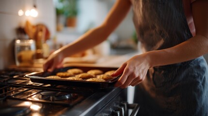 A woman in a striped apron carefully pulls a tray of freshly baked cookies from the oven, showcasing her culinary skills.