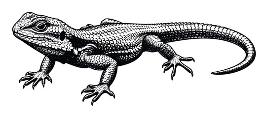 Obraz premium Black and white engraving style depiction of a detailed lizard, perfect for natural history projects, educational materials, or vintage inspired graphic design.