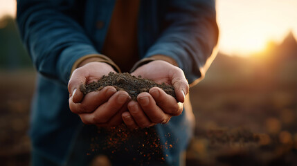 Faceless hands holding dry soil at dawn agriculture concept drought land degradation sustainability winter season ground environmental awareness farming concern