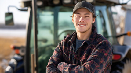 Obraz premium Faceless young farmer stands front tractor in field smiling adult wearing plaid shirt successful harvest work village winter season agricultural land farm equipment