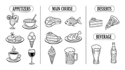 Handdrawn black and white food menu collection featuring appetizers, main courses, desserts, and beverages, perfect for restaurant branding, cafe signage, and culinary business marketing.