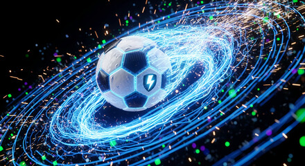 Image of a soccer ball encircled by luminous, energy trail and small sparkling particles, symbolizing power, speed and high-tech presentation of sport