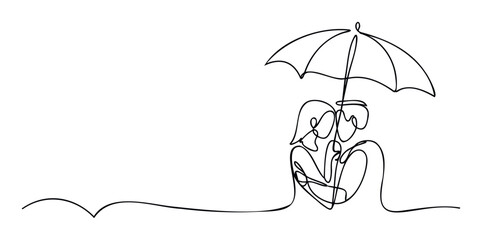 A flowing one line drawing depicting a loving couple embracing intimately under a protective umbrella, ideal for conveying themes of deep affection, emotional support, and lasting