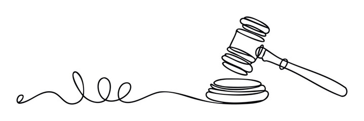 Single line sketch of a judges gavel hitting a sounding block embodying legal authority and fairness for professional legal services branding or educational resources