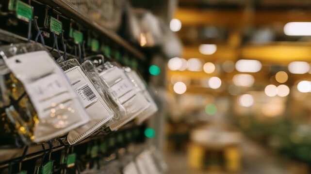 Organized PPE storage close-up, respirators hanging in assigned slots, clear labels visible, industrial plant environment softly blurred, light reflecting off masks and metal racks