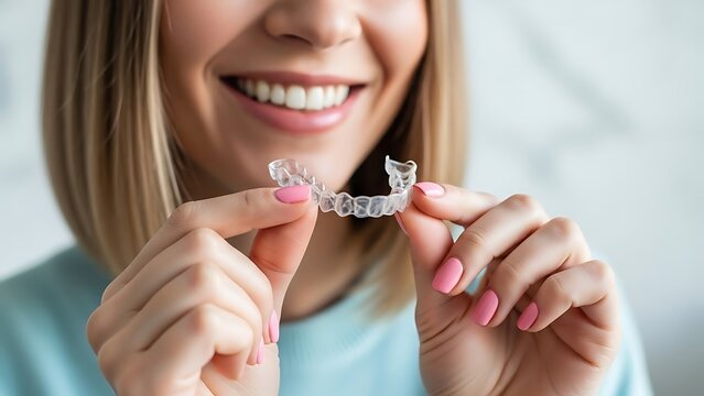 A smiling woman holding clear dental aligners in her hands, showcasing a modern orthodontic treatment option.