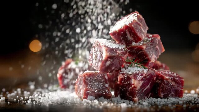Modern culinary still life of raw beef cubes, stacked pieces creating structure, salt scattered in a natural pattern, one cube floating mid air to suggest motion, dark background w