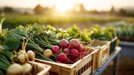 Fresh organic vegetables harvested in crates set on farm field at sunset winter evening agricultural bounty crop collection seasonal produce rural landscape