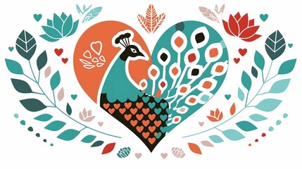 Obraz premium Peacock-shaped heart illustration with decorative leaves, flowers & heart motifs, suitable for wedding invitations, Valentine's Day cards, decorative patterns & romantic event materials