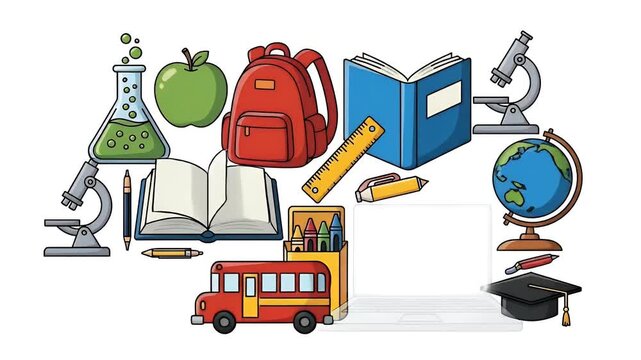Digital illustration of school supplies and educational objects