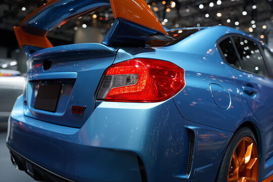 Sporty tuned car with a large rear spoiler showcased at an indoor auto show under bright lights in the evening