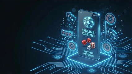 Online casino mobile app glowing circuit board with poker chip, dice and card icons, neon slot machine and roulette interface conveying instant payout digital gaming excitement across mobile casino - Powered by Adobe