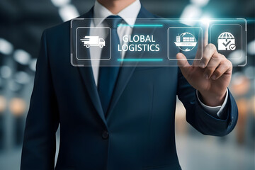 Businessman interacting with global logistics interface