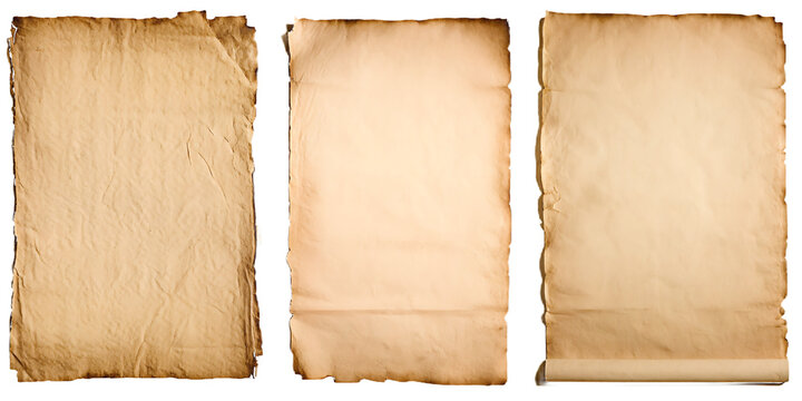 Three vintage parchment sheets on white background isolated on a transparent background paper