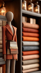 Mannequin wearing elegant suit with fabric swatches in tailoring studio, fashion, textile design and bespoke clothing concept.
