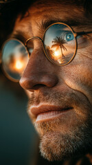 Elderly man wearing glasses reflecting tropical sunset and palm trees, symbol of memories, travel, calmness, dreams, life.
