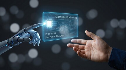 A sophisticated robotic hand and a human hand interact with a glowing digital identificati