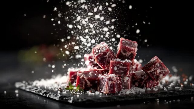 Raw beef cubes presented on black slate, natural salt scattered in an organic pattern, stacked cubes forming a geometric shape while a single cube floats mid air above them, soft s
