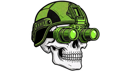 Military skull wearing green tactical helmet and night vision goggles on transparent background