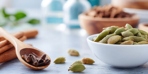 Green cardamom pods and clove spice in wooden spoon with cinnamon sticks on kitchen table