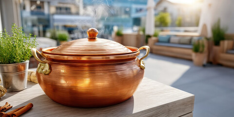 Copper pot with lid steaming on wooden table in sunlight outdoor kitchen