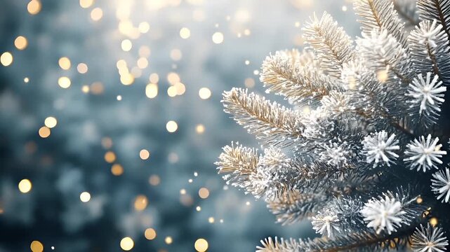 A closeup of a snowcovered pine tree with a bokeh effect in the background. The trees needles are covered in a thin layer of frost, giving it a delicate and frosty appearance.
