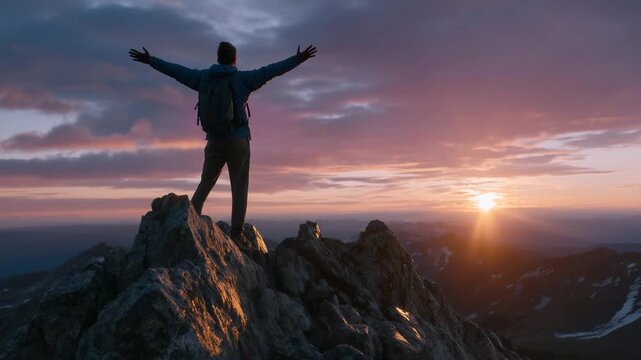 Silhouette of a man atop a summit, arms wide in triumph, sun rising behind him painting the sky in shades of orange, pink, and gold, clouds rolling beneath the peak emphasizing vas