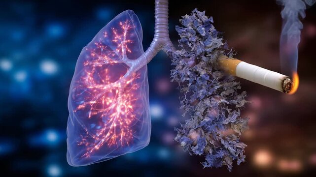 Split-screen visualization, left lung clean and vibrant, right lung damaged with visible smoke residue, cigarette positioned in center, lighting emphasizing stark contrast