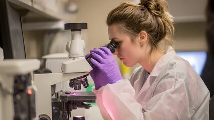 Veterinary technician carefully analyzing blood samples under a microscope in a clinical lab setting ensuring accurate pet health diagnostics.