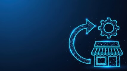 Abstract digital illustration of a glowing blue store icon with a circular refresh arrow representing business cycles and retail operations on a dark background