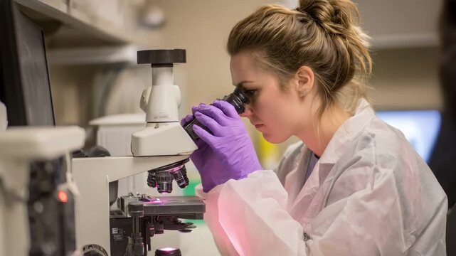 Veterinary technician carefully analyzing blood samples under a microscope in a clinical lab setting ensuring accurate pet health diagnostics.