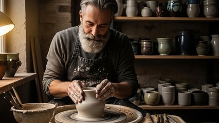 Focused Man Crafts Pottery on Spinning Wheel
