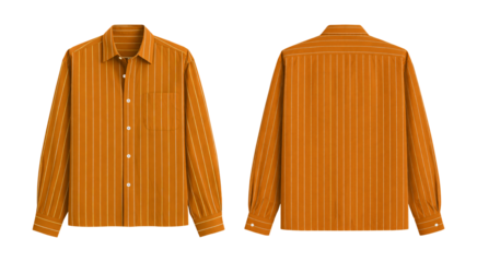 Stylish Orange Pinstripe Long Sleeve Shirt for Men or Women, Front and Back Views Isolated on Transparent Background