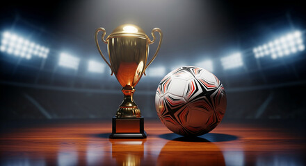 Obraz premium Image of a gold trophy and soccer ball on wooden floor, stadium in background, symbolizing victory, competition and success in sport