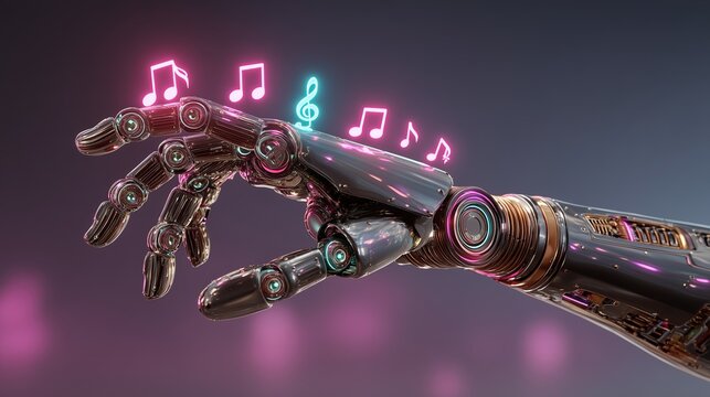 Robotic Hand with Neon Musical Notes, Cyberpunk Futuristic Design for Album Covers, Music Event Posters, Tech Presentations & Music Tech Projects