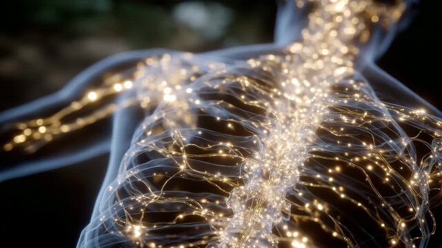 Transparent view of human body, skeletal system clearly visible, nerves glowing softly along limbs and torso, subtle 3D depth and layered anatomy highlighting interconnections