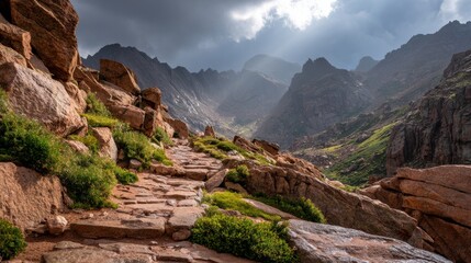 Rocky stone trail winding up a mountain landscape