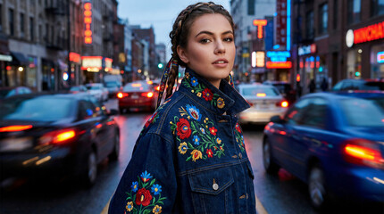 Beautiful young Slavic woman in denim jacket with traditional colorful floral folk embroidery standing on busy city street with neon lights for modern ethnic fashion and cultural heritage concept