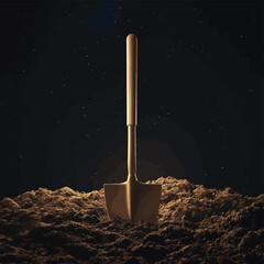 3D rendering of a shovel stuck in a dug-up mound of earth at night , vector style simple color